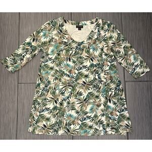 J. Jill Wearever Collection Green Tropical Leaf 3/4 Sleeve Tunic Size XS Stretch